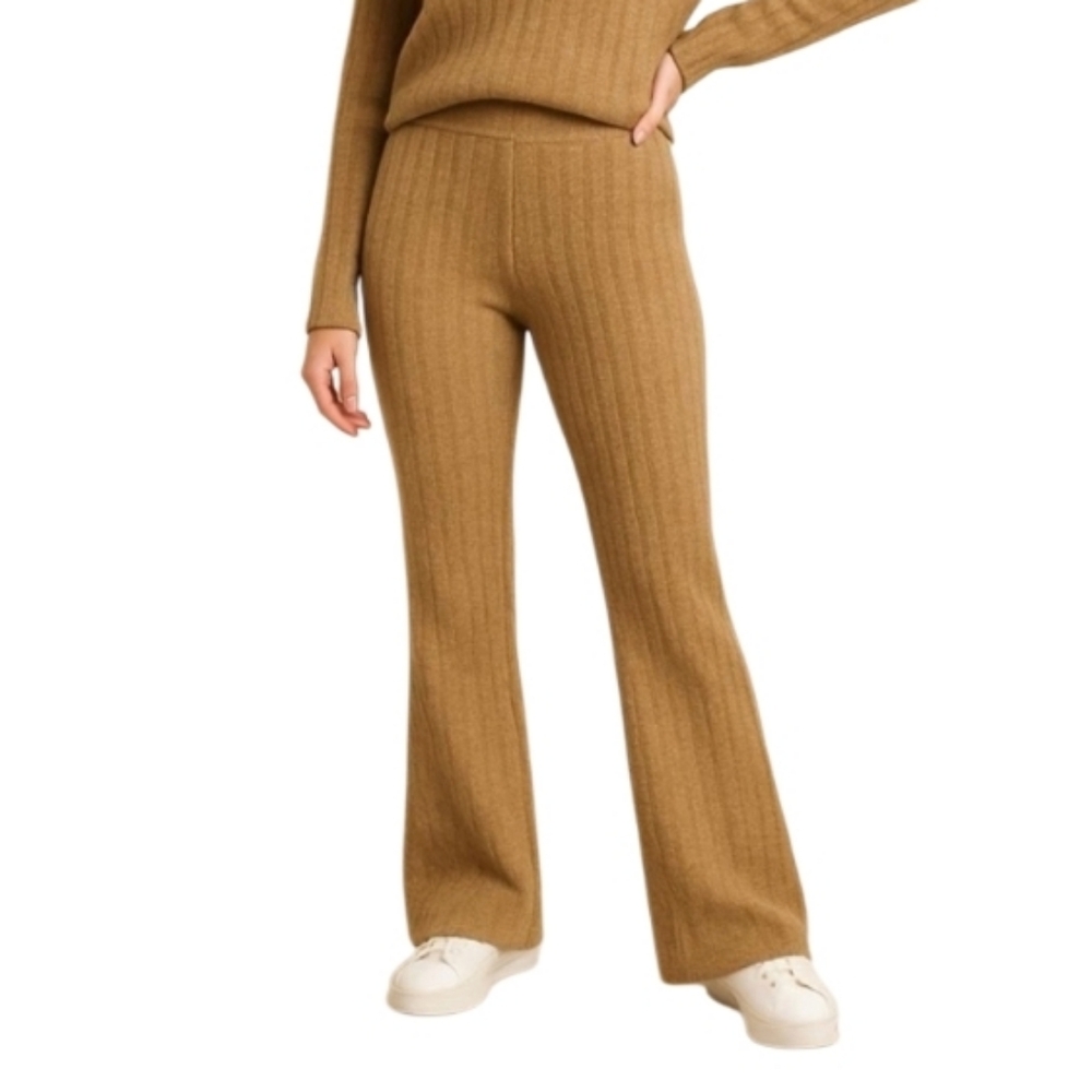 NEW Lita By Ciara Tan Doe Alpaca Wool Blend Rib Knit Flared Pull On Pant Tan XL